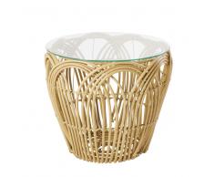 Mesa auxiliar de cristal con patas de imitación mimbre trenzado