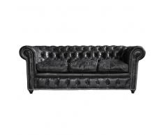 Sofá convertible capitoné de 3 plazas de cuero negro Chesterfield