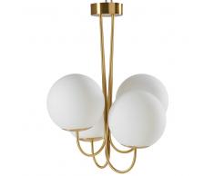 Lámpara de araña de 4 globos de cristal blanco y metal dorado