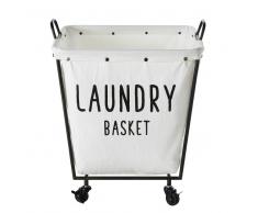 Cesta para la ropa con ruedas de metal negro y algodón blanco