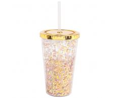Vaso con pajita de plástico y con purpurina multicolor