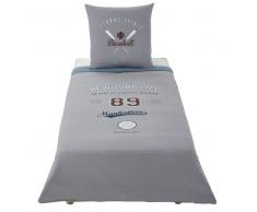 Juego de cama infantil de algodón gris y azul con estampado 140x200