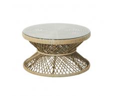 Mesa baja de jardín de resina trenzada con efecto mimbre trenzado y cristal Mayotte