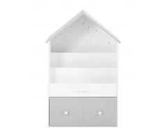 Librería casa infantil gris y blanca con 1 cajón Celeste