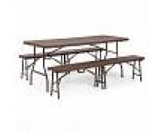 Blumfeldt BurgosMuebles de carpa cervecera 3 piezas mesa + 2x bancos acero HDPE plegables marrón