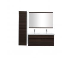 Muebles de baño con doble lavabo, espejo y almacenaje blanco y madera oscura GANFO
