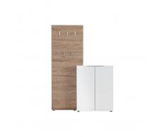 Mueble de entrada madera y blanco lacado con armario y estantería perchero HALL