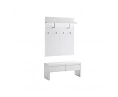Mueble de entrada blanco lacado con banco 2 cajones y perchero WELCOME