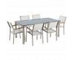 BELIANI Conjunto de jardín mesa en vidrio negro 180 cm, 6 sillas blancas