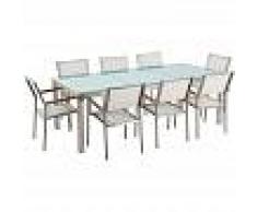 BELIANI Conjunto de jardín mesa en vidrio 220 cm, 8 sillas blancas GROSSETO