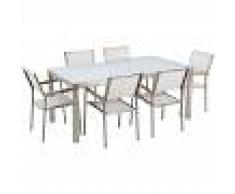 BELIANI Conjunto de jardín mesa en vidrio blanco 180 cm, 6 sillas blancas