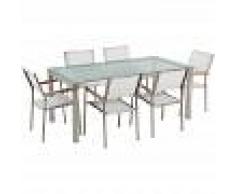 BELIANI Conjunto de jardín mesa en vidrio 180x90 cm con 6 sillas blancas