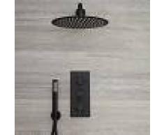 HudsonReed Llave de Ducha Termostática Empotrable Triple de 2 Funciones Negra con Alcachofa Redonda de 300mm y Telefonillo - Nox