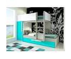 Venta-unica Cama litera con cajón cama nido ANTONIO - 3x90x190 cm - Armario integrado - Pino turquesa y blanco