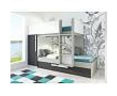 Venta-unica Cama litera con cajón cama nido ANTONIO - 3x90x190 cm - Armario integrado - Pino gris antracita y blanco