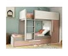 Venta-unica Cama litera con cajón cama nido ANTONIO - 3x90x190 cm - Armario integrado - Pino rosa y blanco