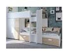 Venta-unica Cama litera JULIEN - 2x90x190 cm - Armario integrado - Blanco y Roble