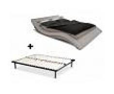 Venta-unica Cama ONDULIS + somier de láminas - 160x200 cm - Piel sintética blanca con leds