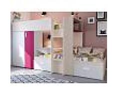 Venta-unica Cama litera JULIEN - 2x90x190 cm - Armario integrado - Pino blanco y fucsia