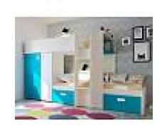 Venta-unica Cama litera JULIEN - 2x90x190 cm - Armario integrado - Pino blanco y azul