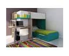 Venta-unica Cama litera SAMUEL - 2x90x190 cm - Escritorio integrado - Pino blanco/turquesa