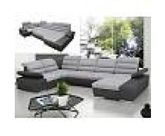 Venta-unica Sofá cama rinconero XXL de tela y piel sintética BOILEAU - Bicolor gris claro y gris antracita - Ángulo derecho