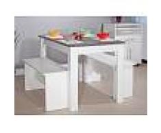 Venta-unica Conjunto mesa + 2 bancos BASTIEN - Bandeja efecto hormigón - Blanco