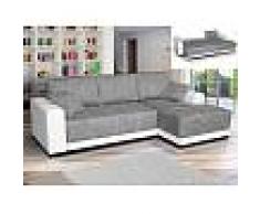 Venta-unica Sofá cama rinconero tapizado de tela y piel sintética JARED - Bicolor blanco y gris jaspeado - Ángulo derecho