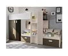 Venta-unica Cama litera JULIEN - 2x90x190 cm - Armario integrado - Pino blanco y chocolate