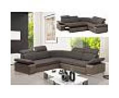Venta-unica Sofá cama rinconero simétrico de tela y piel sintética RABELAIS - Bicolor chocolate y topo