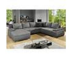 Venta-unica Sofá-cama rinconero panorámico y reversible de piel sintética y tela DAKOTA - Gris