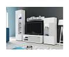 Venta-unica Mueble TV COURTNEY con compartimentos - LEDs - Blanco con puertas con acabado simulando el cemento