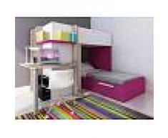 Venta-unica Cama litera SAMUEL - 2x90x190 cm - Escritorio integrado - Pino blanco/rosa